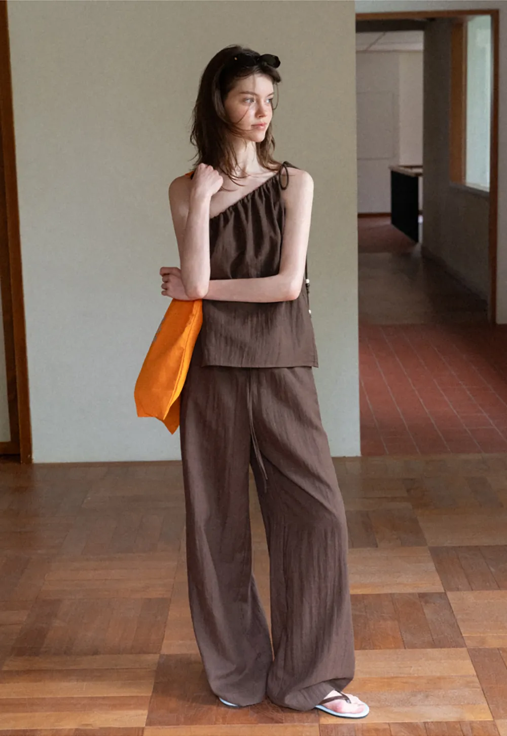 Asymmetrical Strap Top High Waist Wide Leg Pants Set