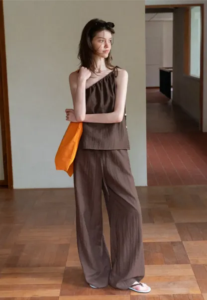 Asymmetrical Strap Top High Waist Wide Leg Pants Set