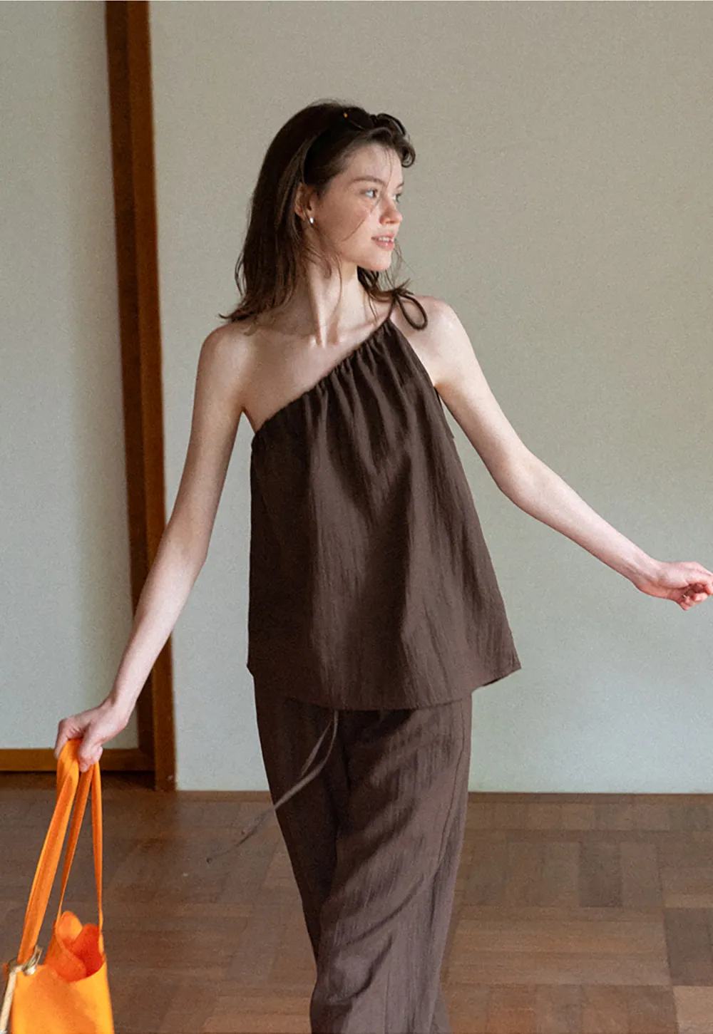 Asymmetrical Strap Top High Waist Wide Leg Pants Set