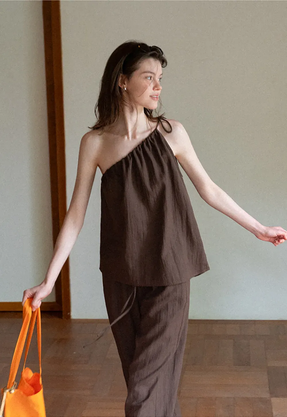 Asymmetrical Strap Top High Waist Wide Leg Pants Set