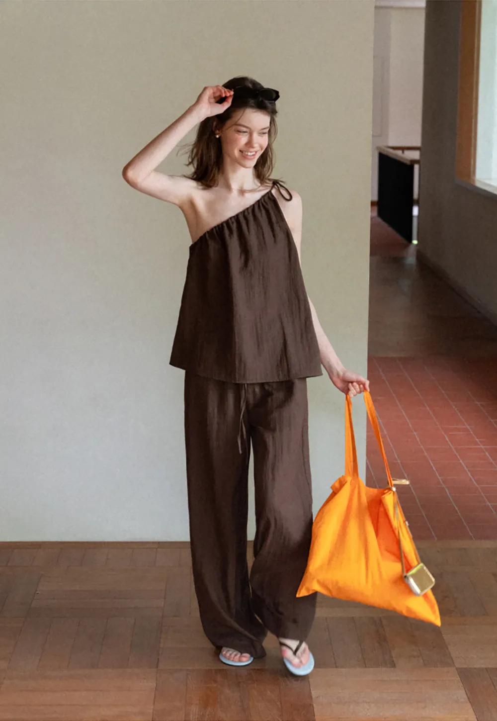 Asymmetrical Strap Top High Waist Wide Leg Pants Set