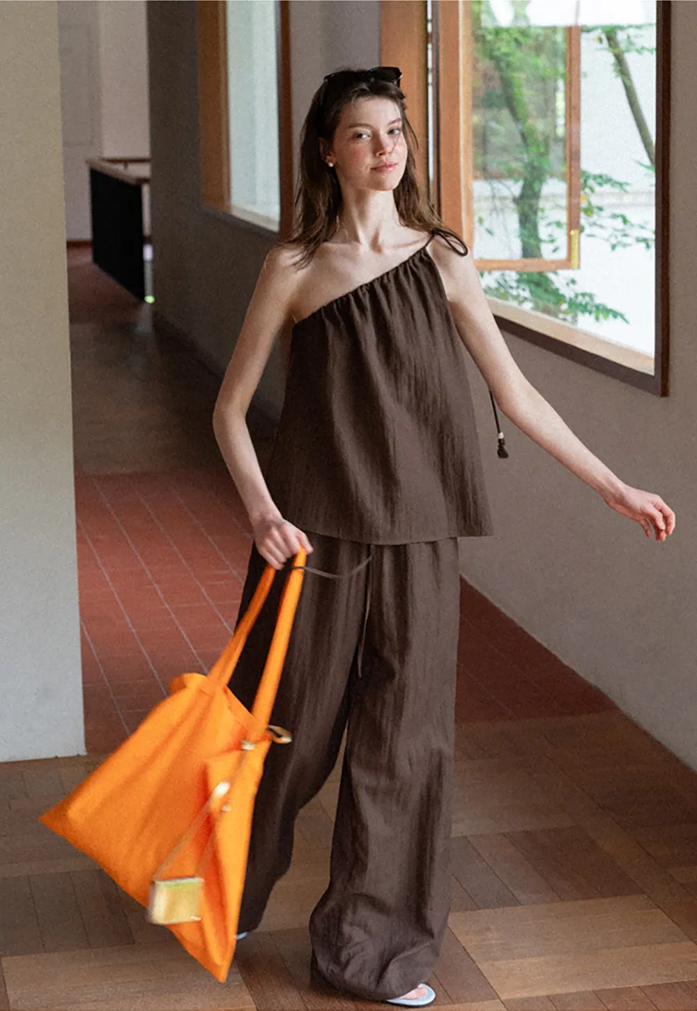 Asymmetrical Strap Top High Waist Wide Leg Pants Set