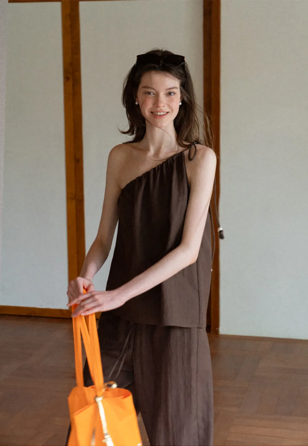 Asymmetrical Strap Top High Waist Wide Leg Pants Set