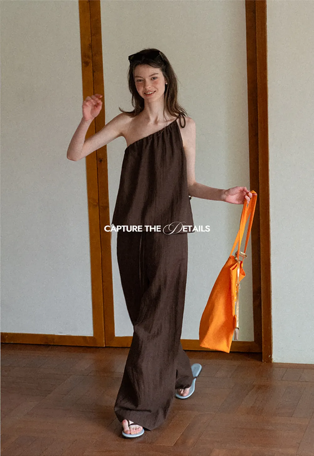 Asymmetrical Strap Top High Waist Wide Leg Pants Set