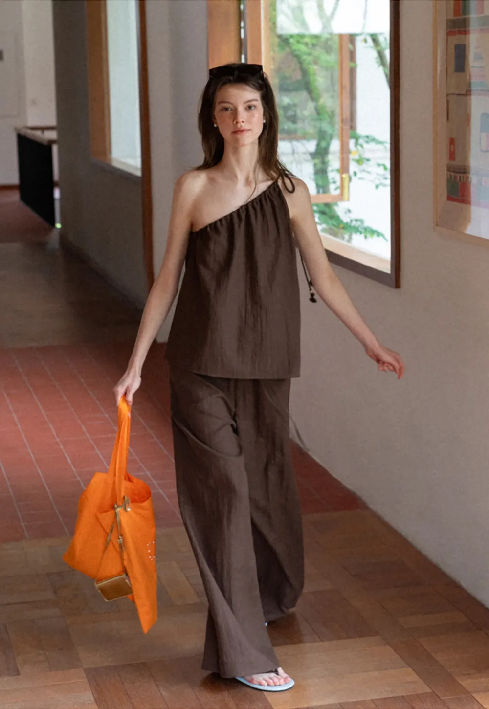 Asymmetrical Strap Top High Waist Wide Leg Pants Set