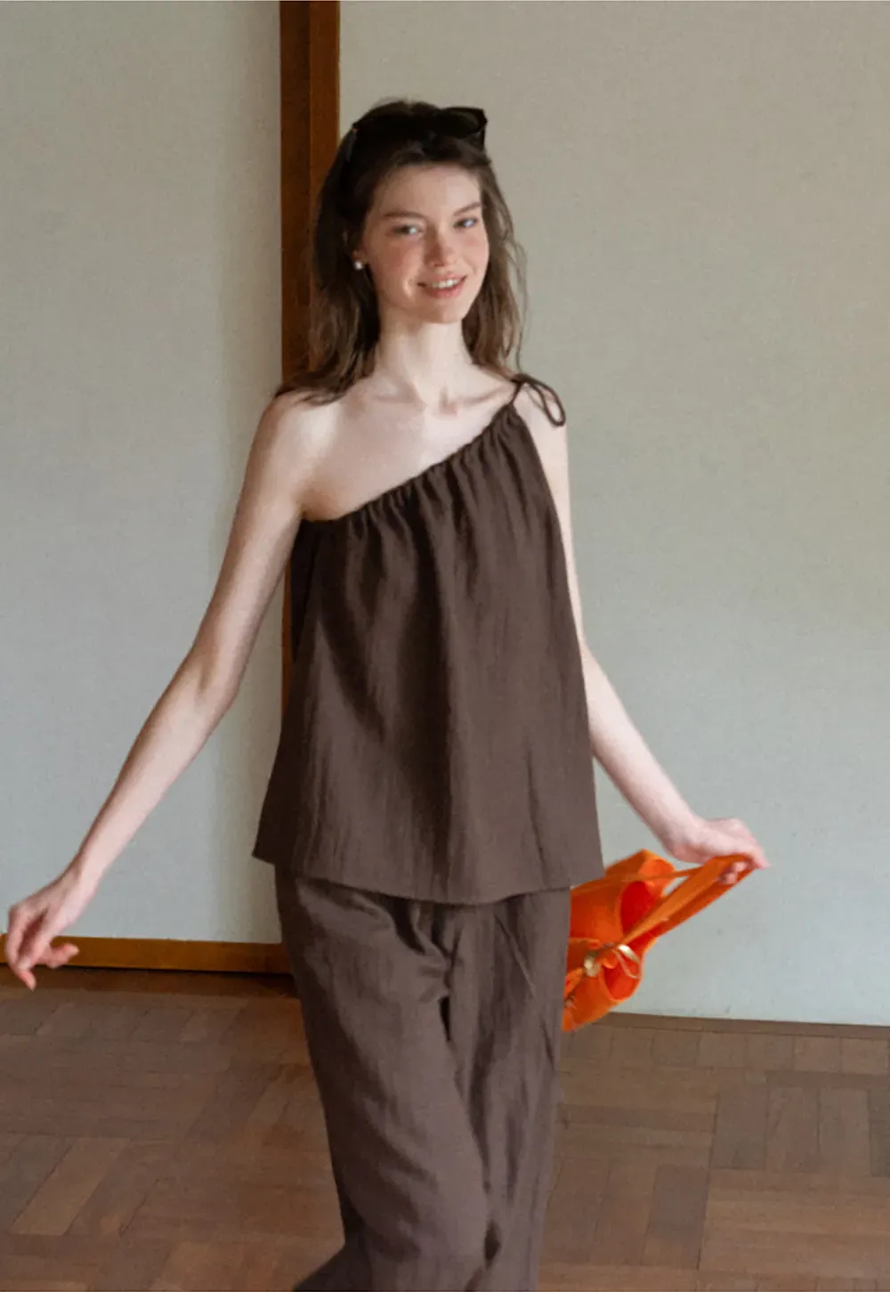 Asymmetrical Strap Top High Waist Wide Leg Pants Set