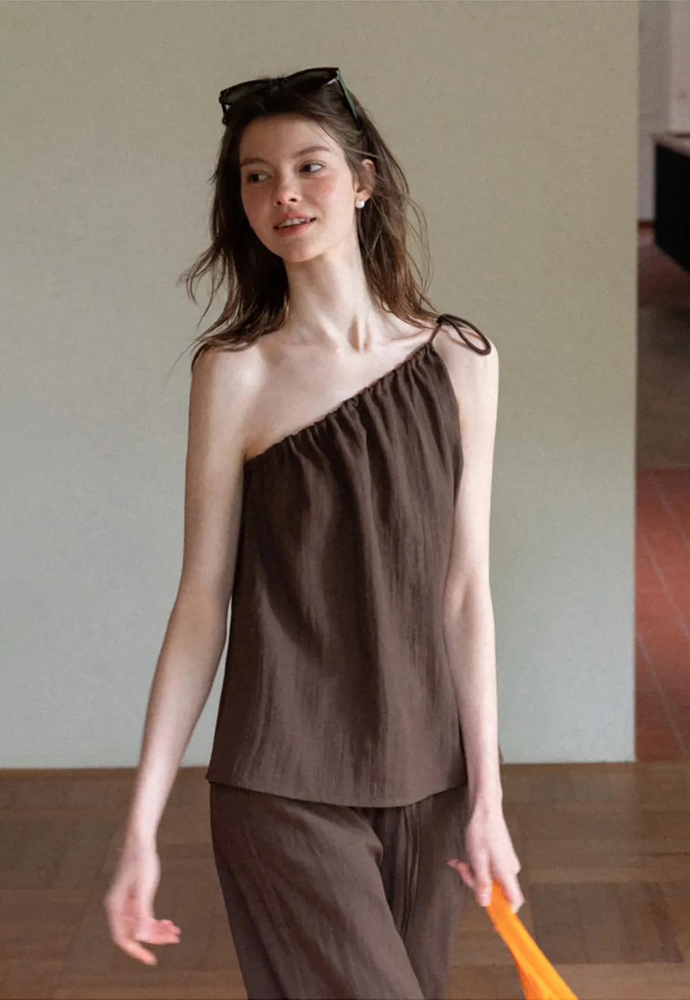 Asymmetrical Strap Top High Waist Wide Leg Pants Set