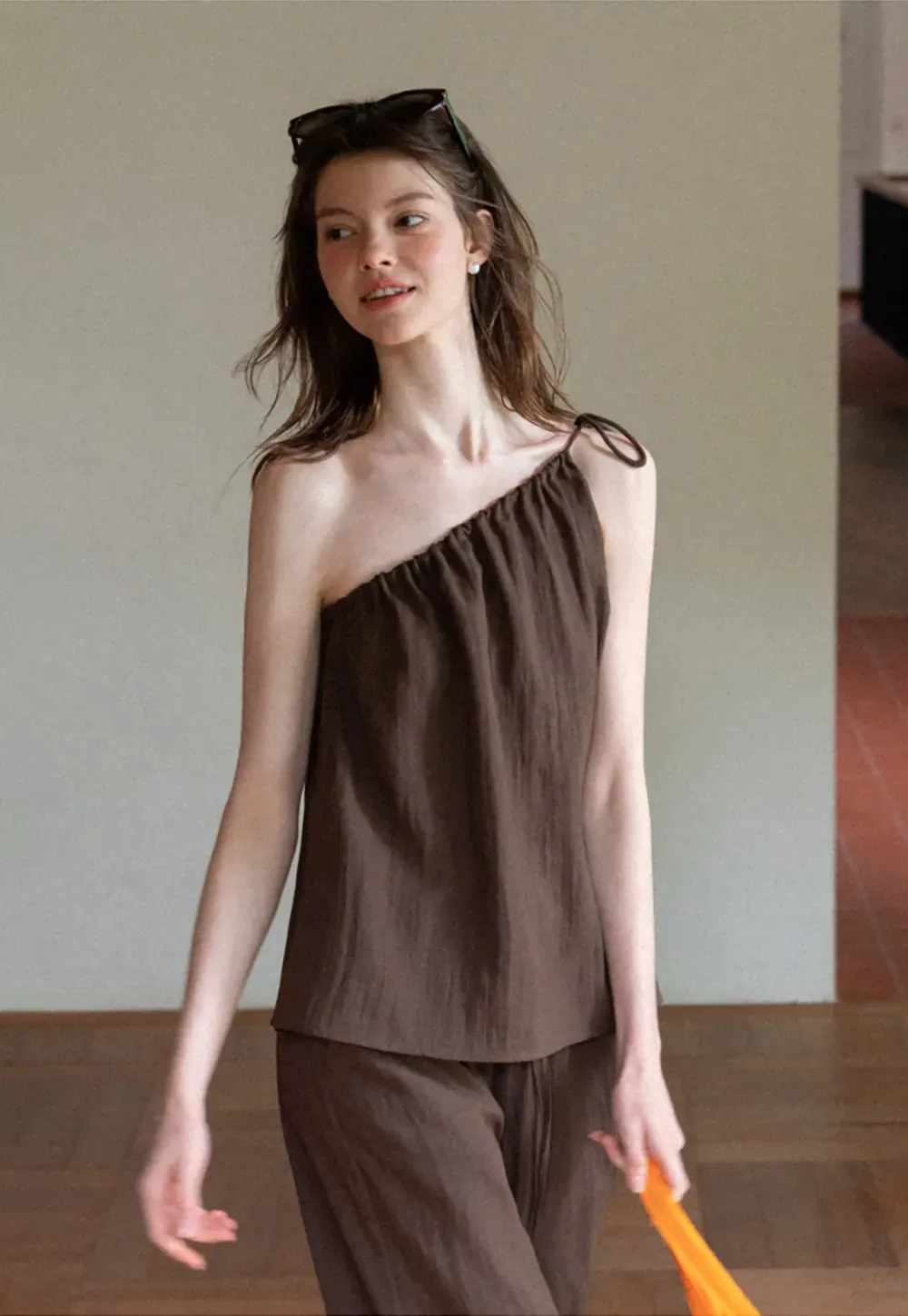 Asymmetrical Strap Top High Waist Wide Leg Pants Set