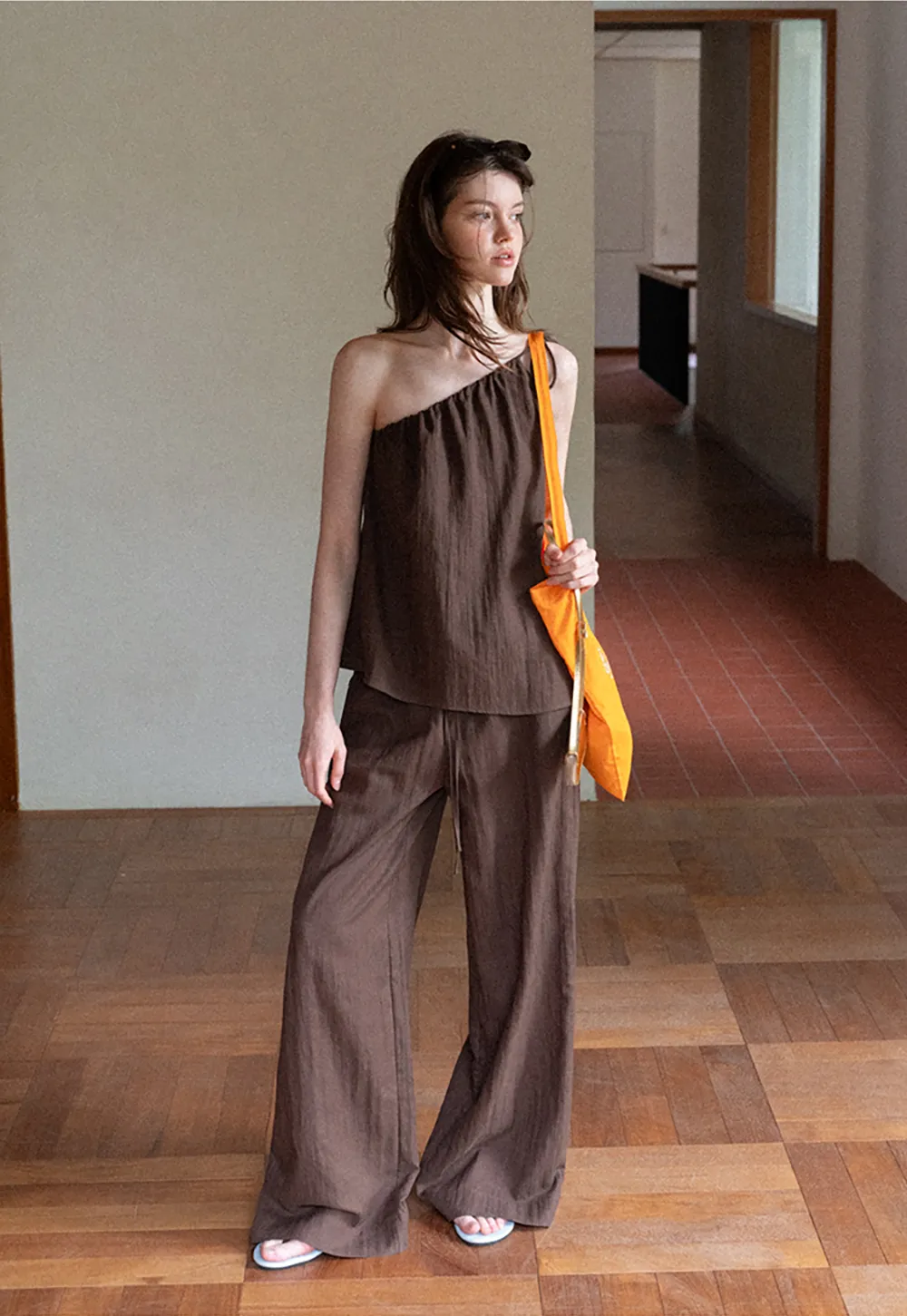 Asymmetrical Strap Top High Waist Wide Leg Pants Set