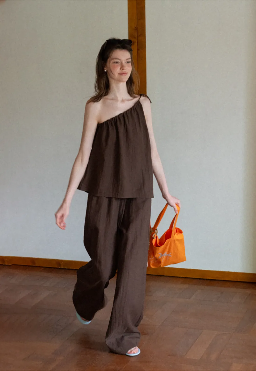 Asymmetrical Strap Top High Waist Wide Leg Pants Set