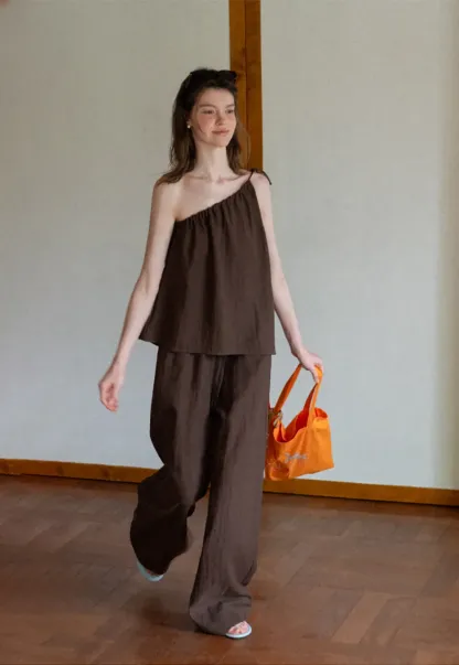 Asymmetrical Strap Top High Waist Wide Leg Pants Set