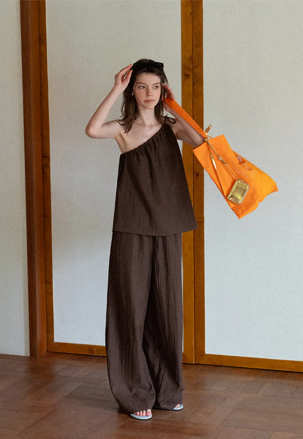 Asymmetrical Strap Top High Waist Wide Leg Pants Set