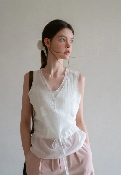 V Neck Drawstring Hem Sleeveless Top