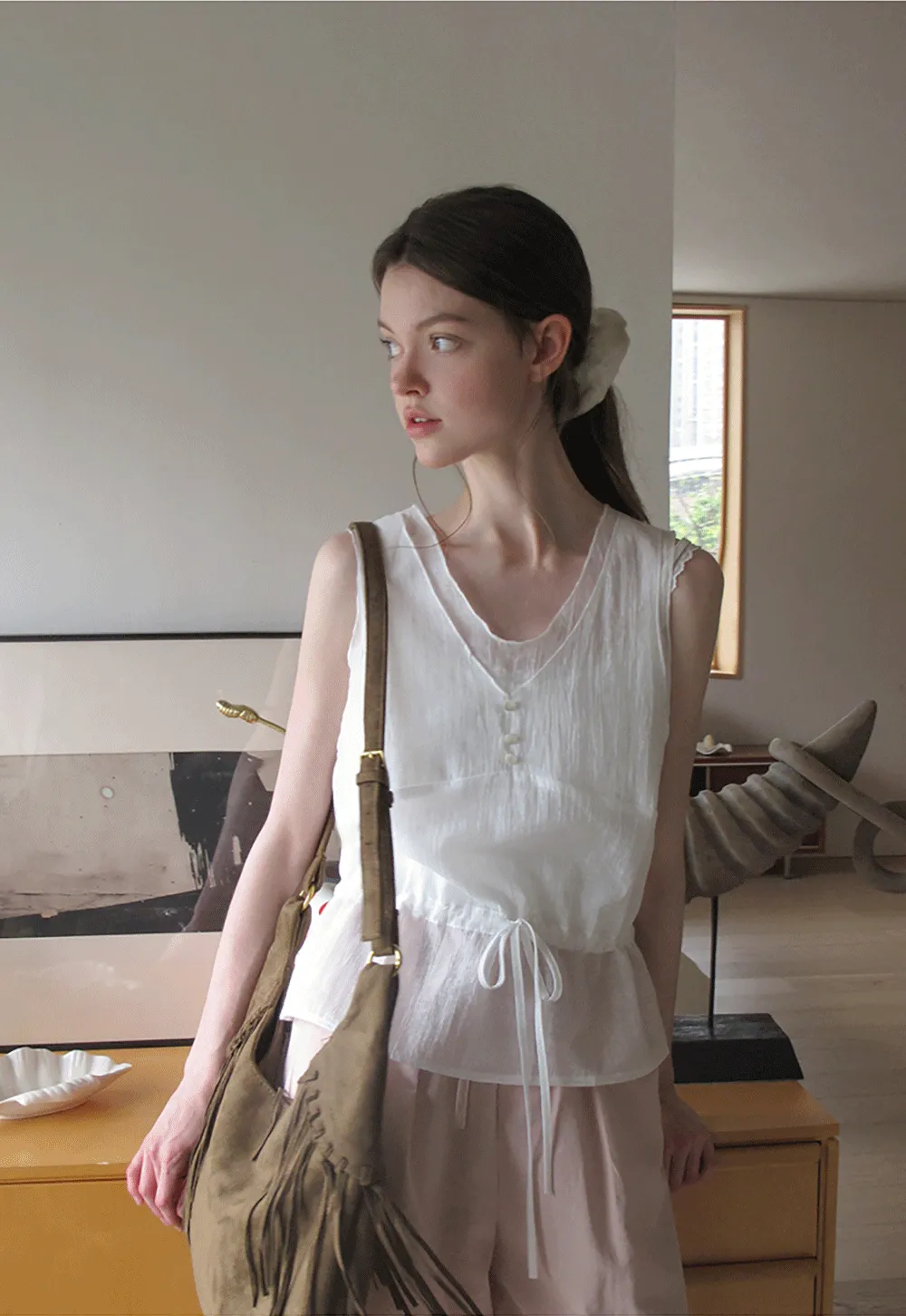 V Neck Drawstring Hem Sleeveless Top