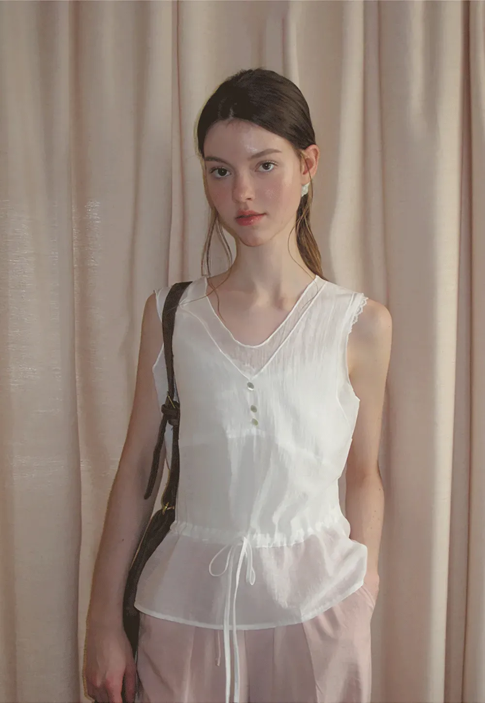 V Neck Drawstring Hem Sleeveless Top