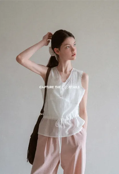 V Neck Drawstring Hem Sleeveless Top