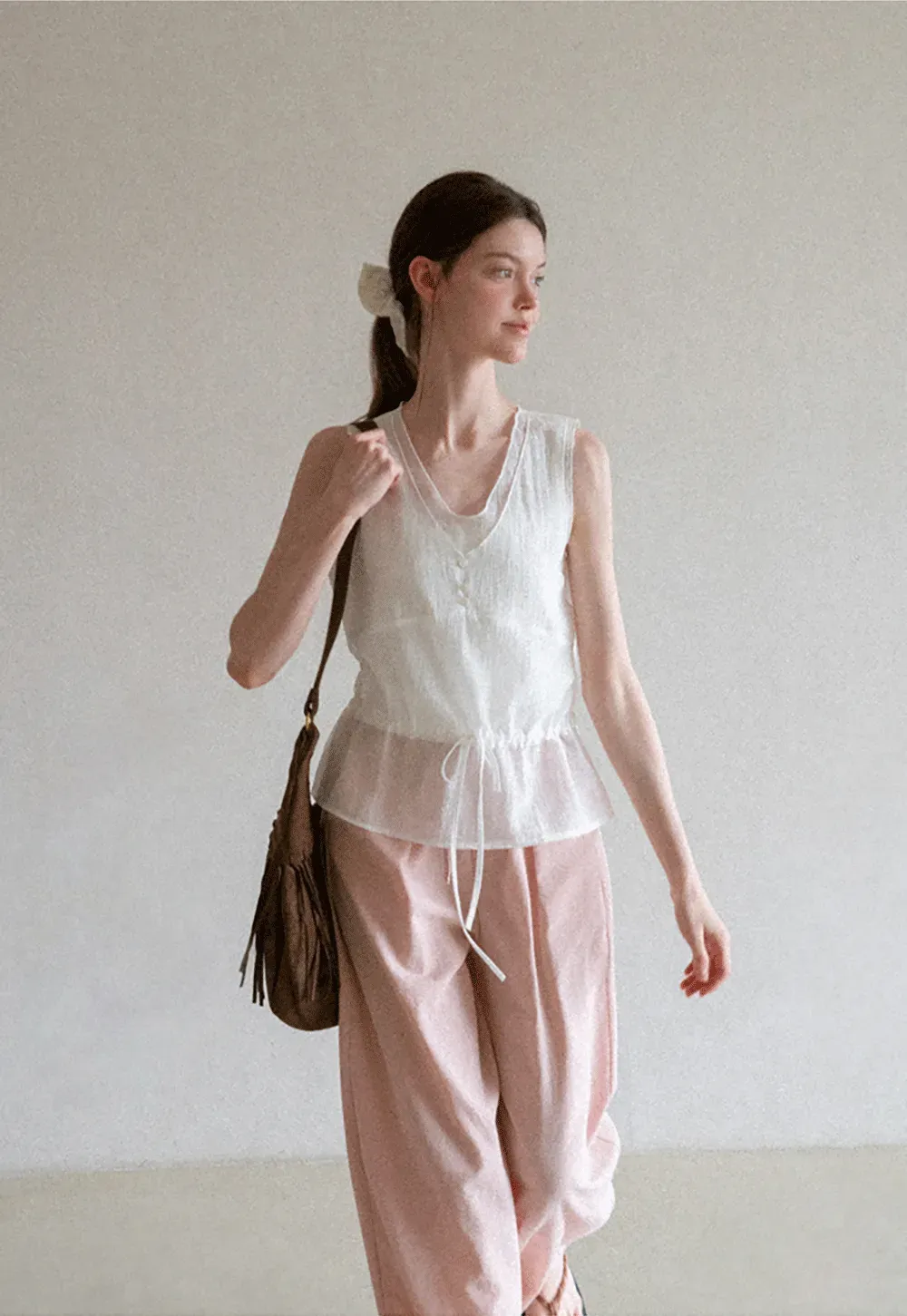 V Neck Drawstring Hem Sleeveless Top