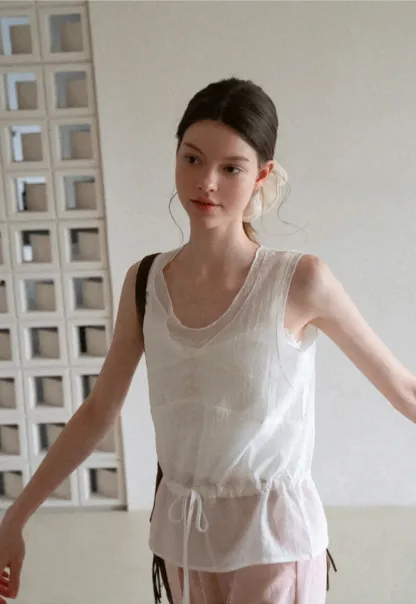 V Neck Drawstring Hem Sleeveless Top