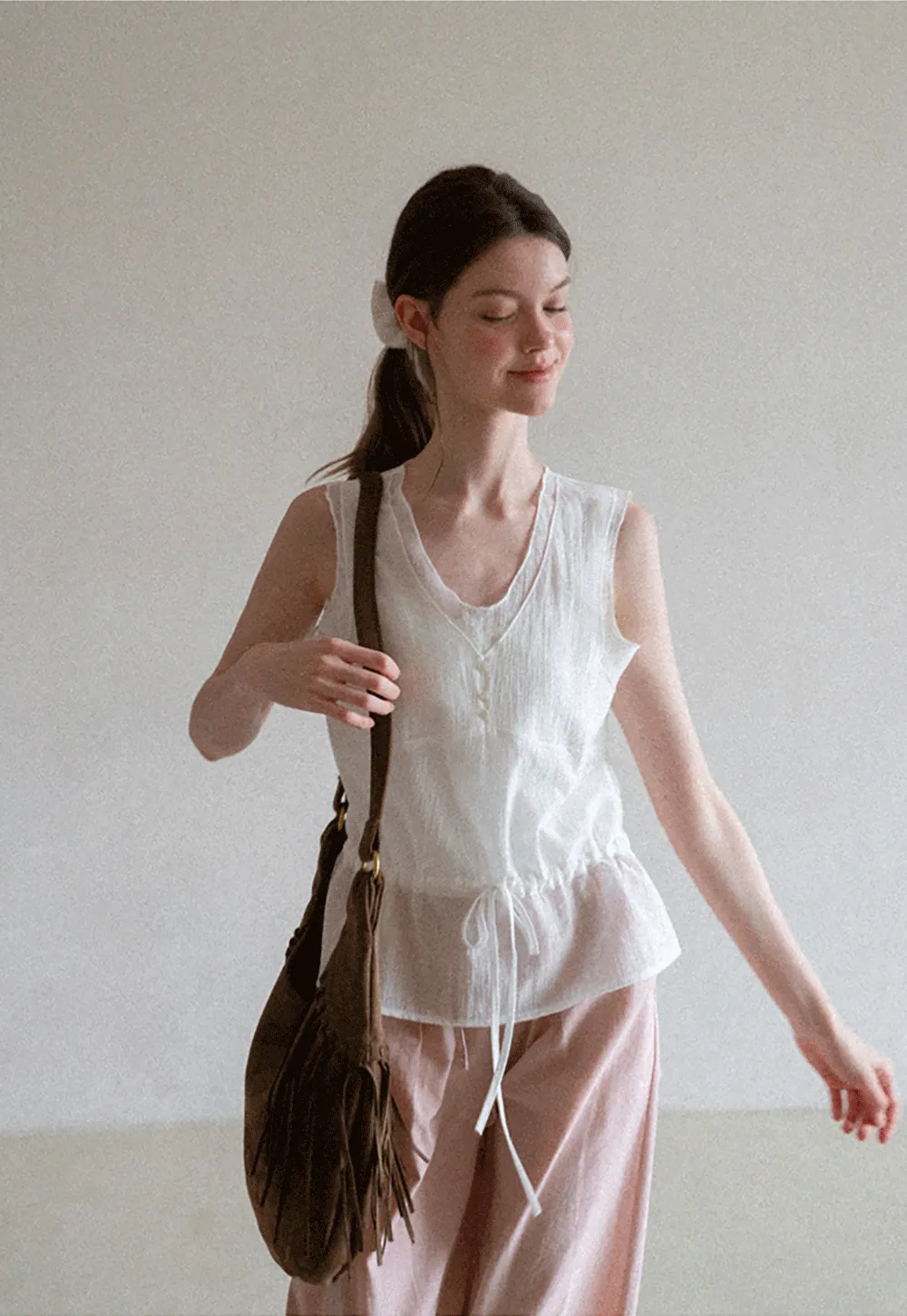 V Neck Drawstring Hem Sleeveless Top