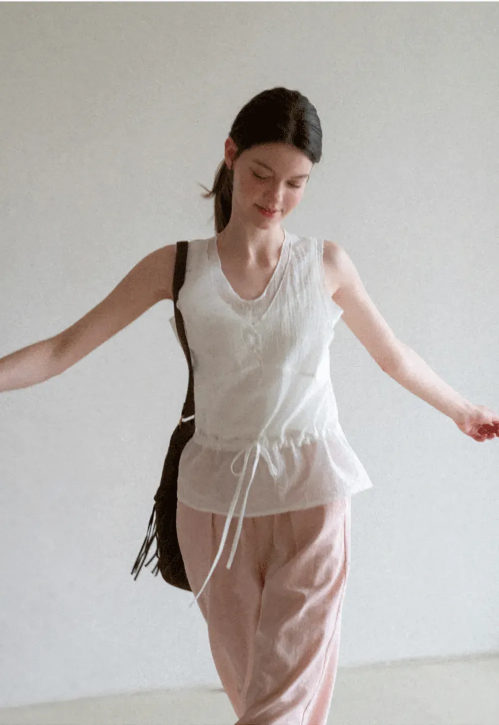 V Neck Drawstring Hem Sleeveless Top