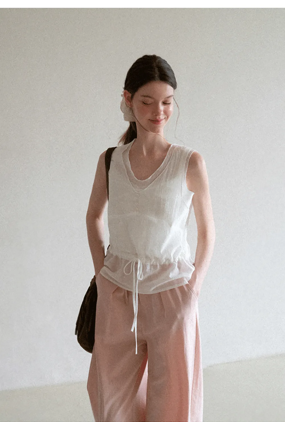 V Neck Drawstring Hem Sleeveless Top