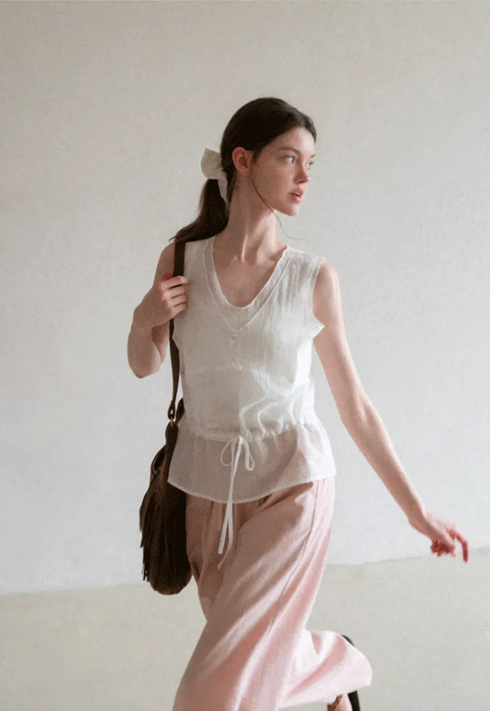 V Neck Drawstring Hem Sleeveless Top