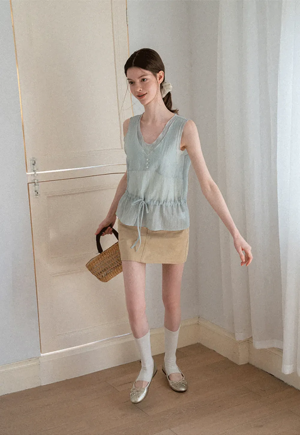 V Neck Drawstring Hem Sleeveless Top