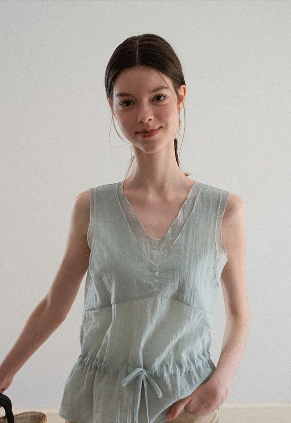 V Neck Drawstring Hem Sleeveless Top