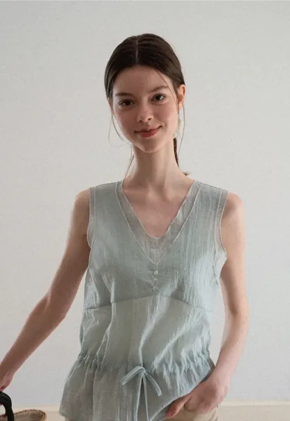 V Neck Drawstring Hem Sleeveless Top