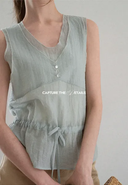 V Neck Drawstring Hem Sleeveless Top