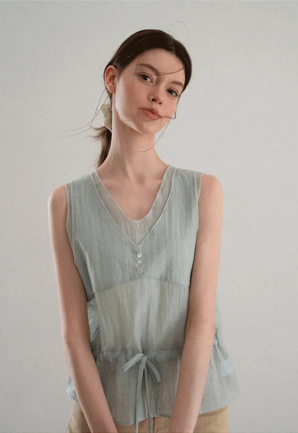 V Neck Drawstring Hem Sleeveless Top