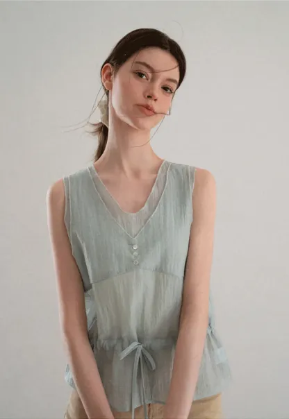 V Neck Drawstring Hem Sleeveless Top