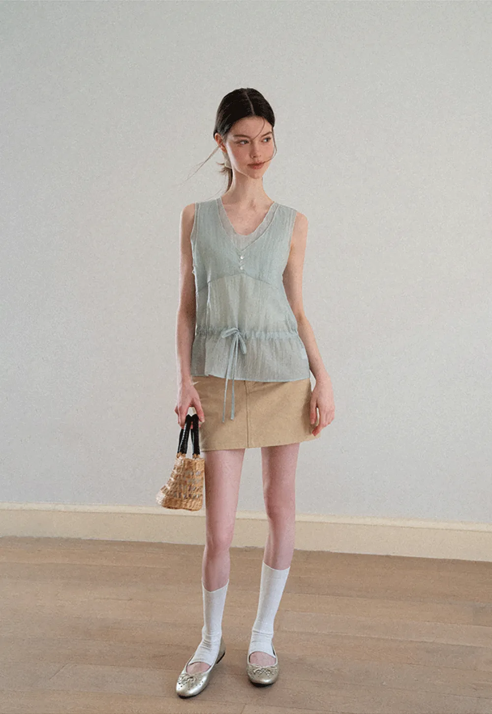 V Neck Drawstring Hem Sleeveless Top