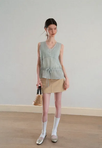 V Neck Drawstring Hem Sleeveless Top