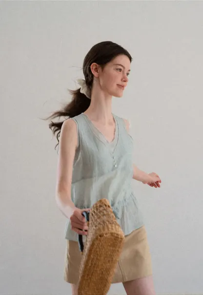 V Neck Drawstring Hem Sleeveless Top