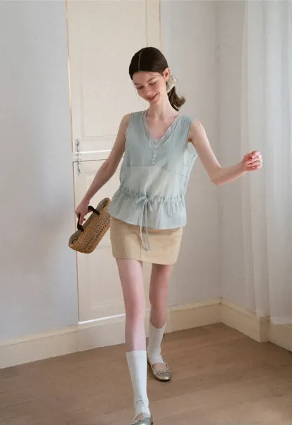 V Neck Drawstring Hem Sleeveless Top