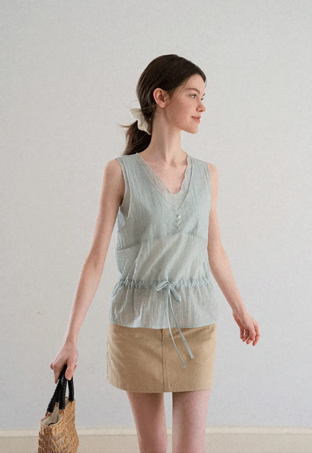 V Neck Drawstring Hem Sleeveless Top