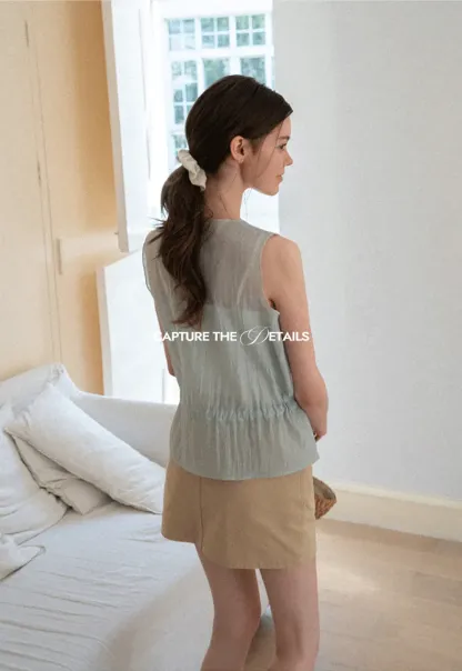 V Neck Drawstring Hem Sleeveless Top
