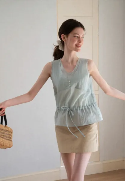 V Neck Drawstring Hem Sleeveless Top