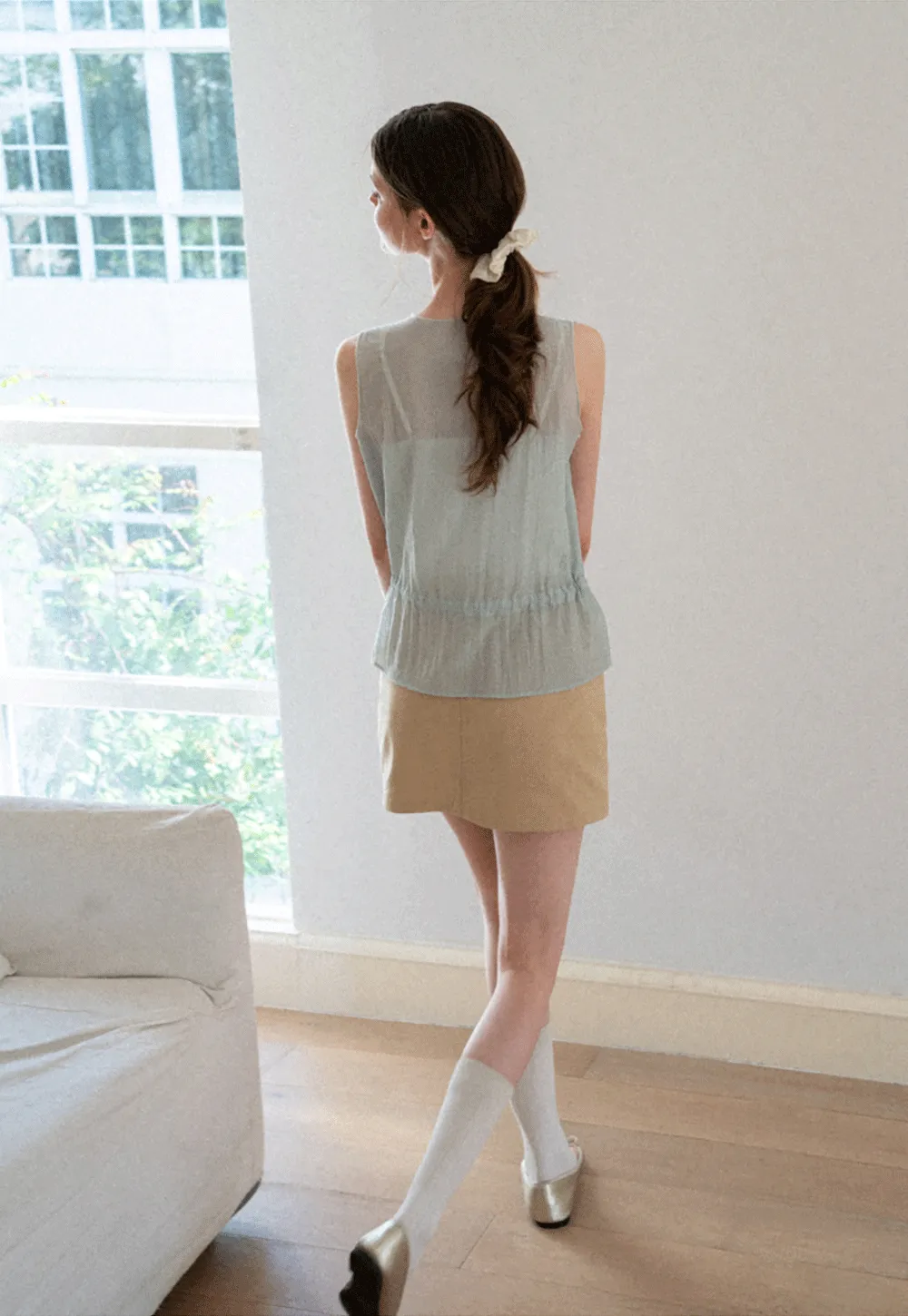 V Neck Drawstring Hem Sleeveless Top