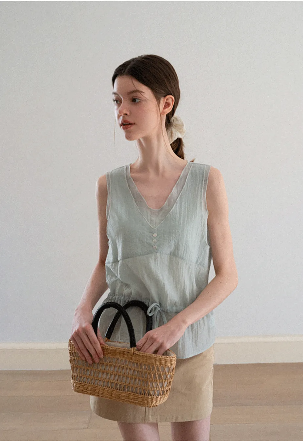 V Neck Drawstring Hem Sleeveless Top