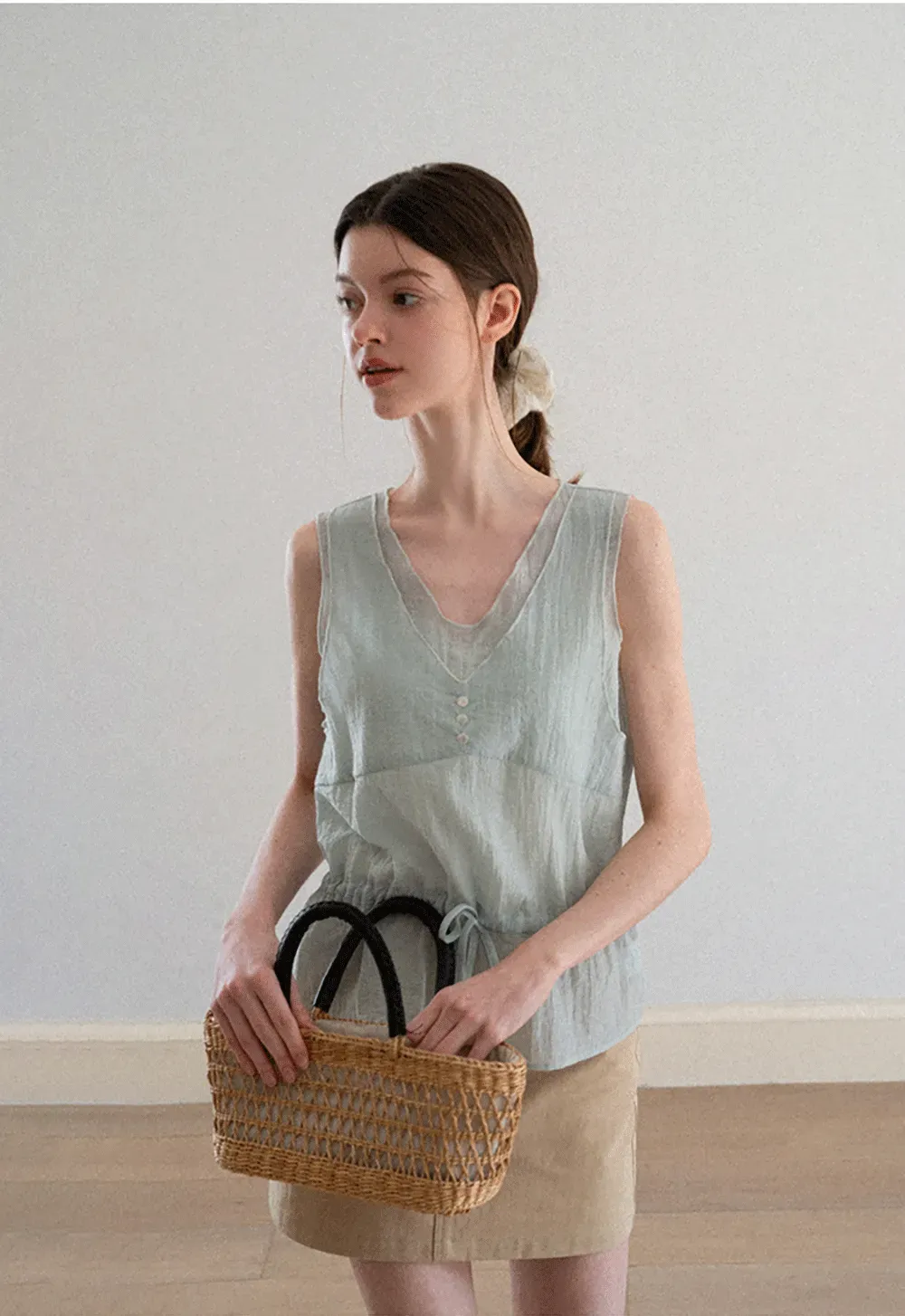 V Neck Drawstring Hem Sleeveless Top