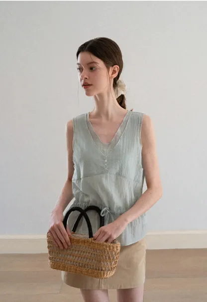 V Neck Drawstring Hem Sleeveless Top
