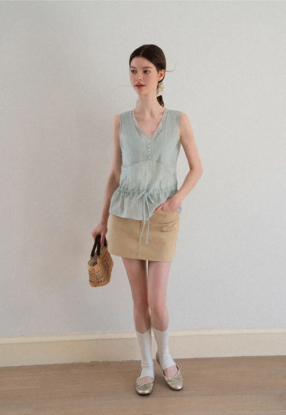 V Neck Drawstring Hem Sleeveless Top