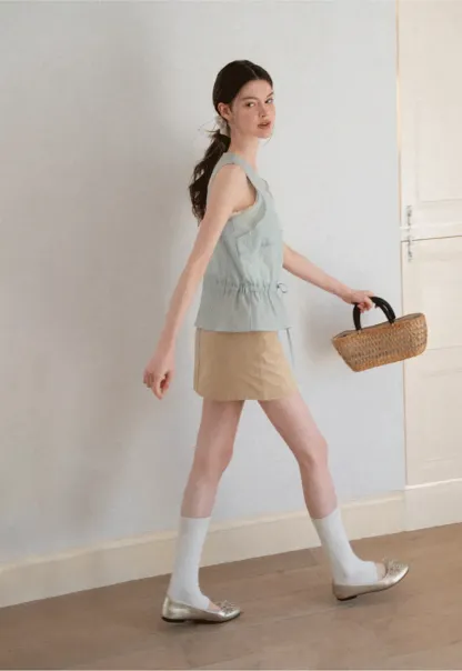 V Neck Drawstring Hem Sleeveless Top