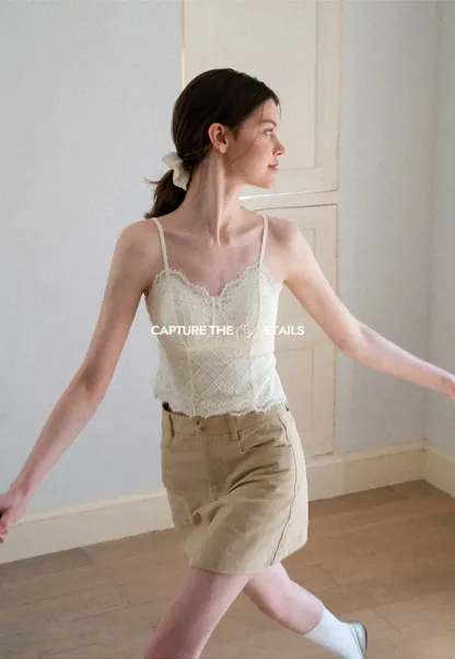 Lace Trim V Neck Spaghetti Strap Top