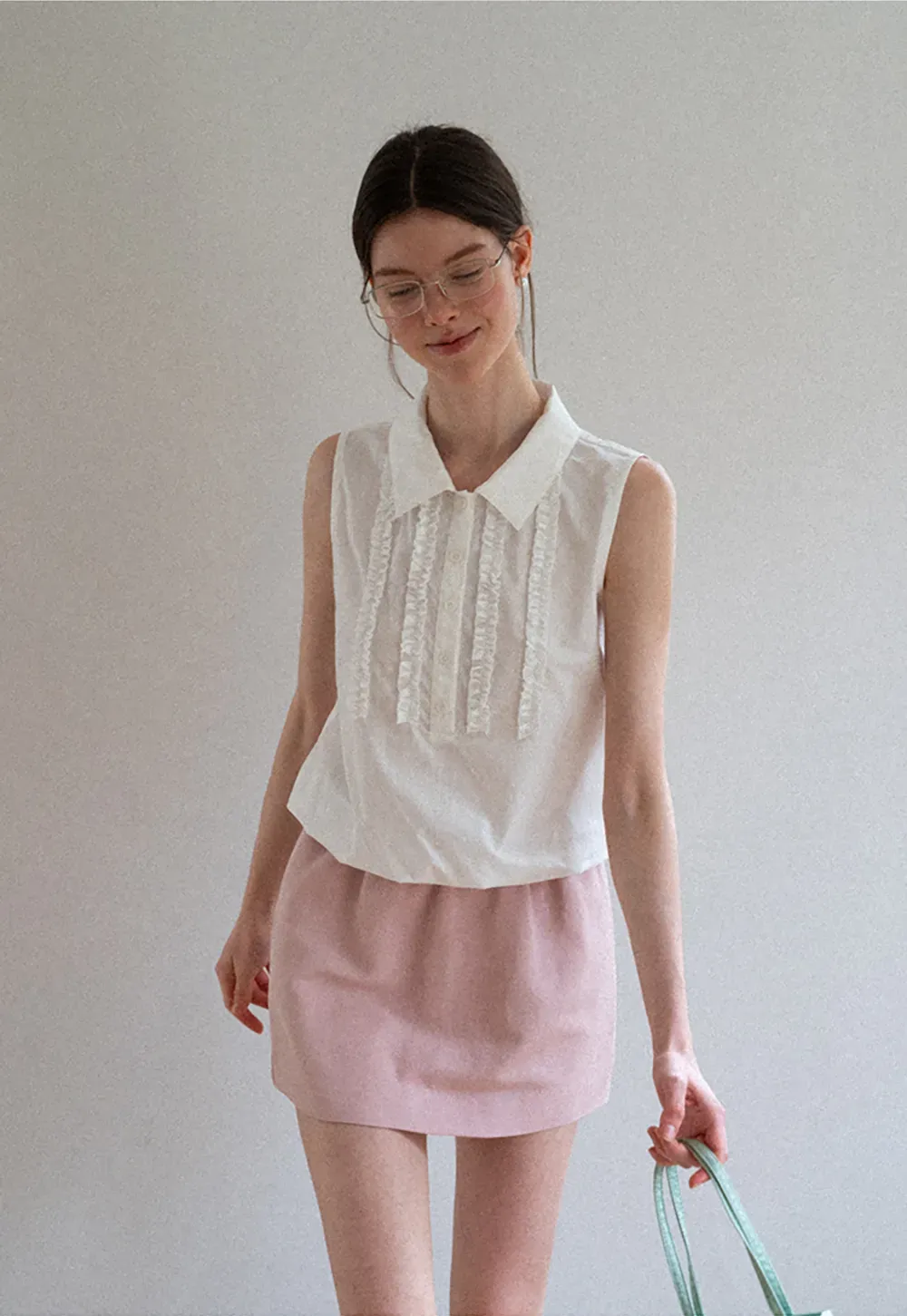 Pleated Front Collar Sleeveless Top