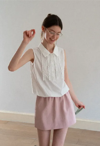 Pleated Front Collar Sleeveless Top