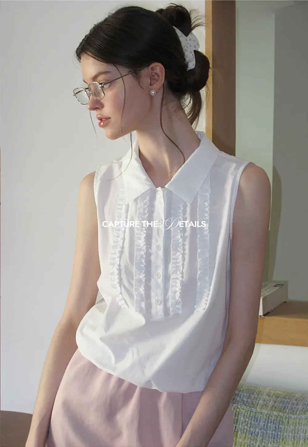 Pleated Front Collar Sleeveless Top