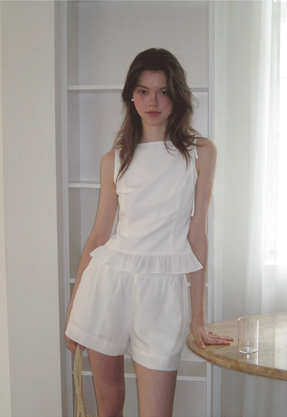 Ruffled Hem Sleeveless Top and Drawstring Waist Shorts